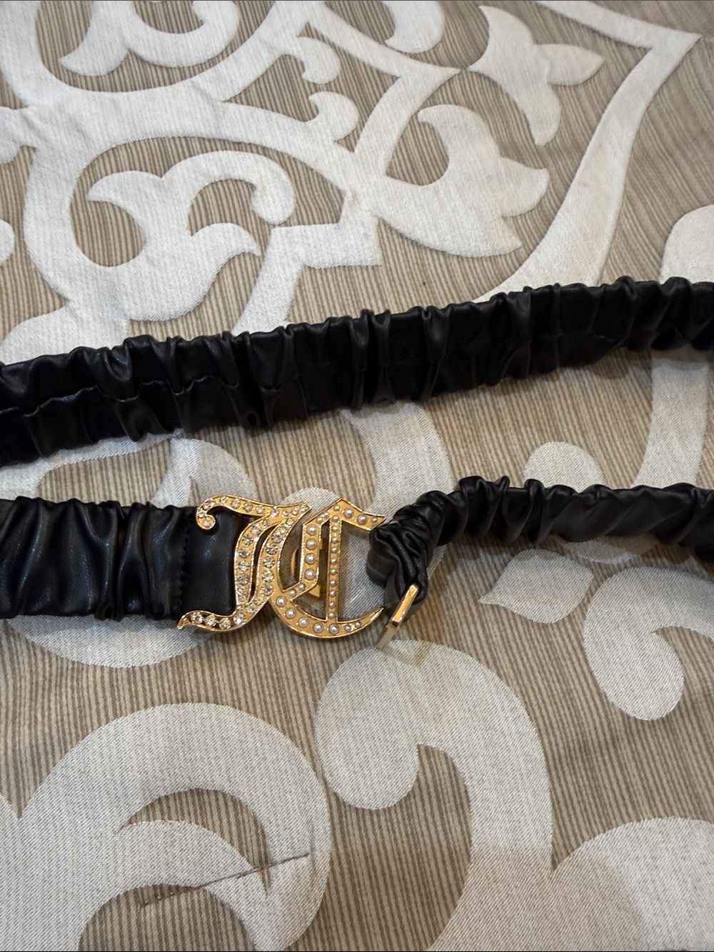 Juicy couture Black Ruched Leatherette Belt with Gold Crystal Buckle